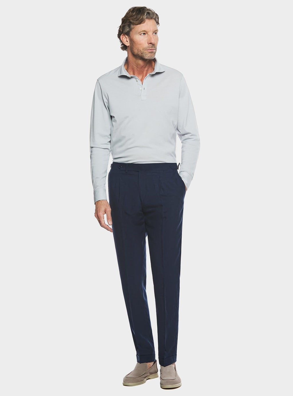 Pantaloni con doppia pince e fibbie in misto lino