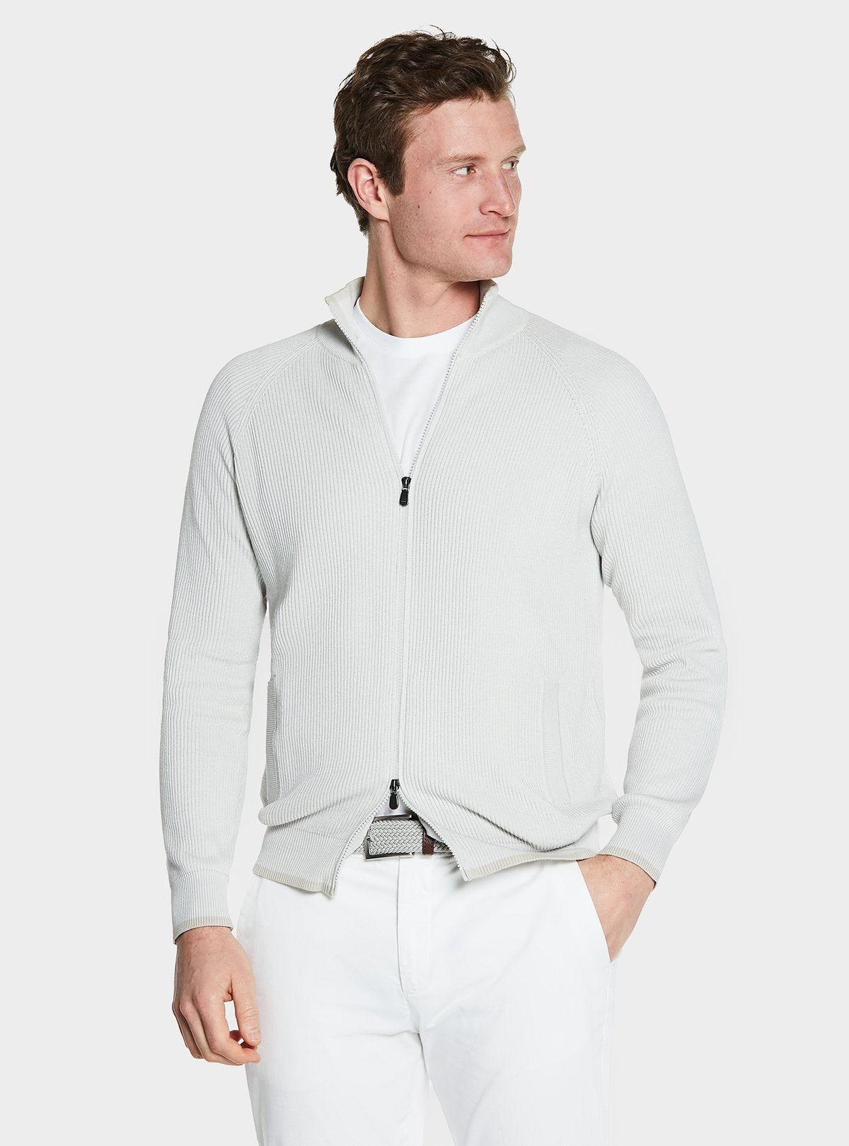 Maglia full zip a coste in puro cotone